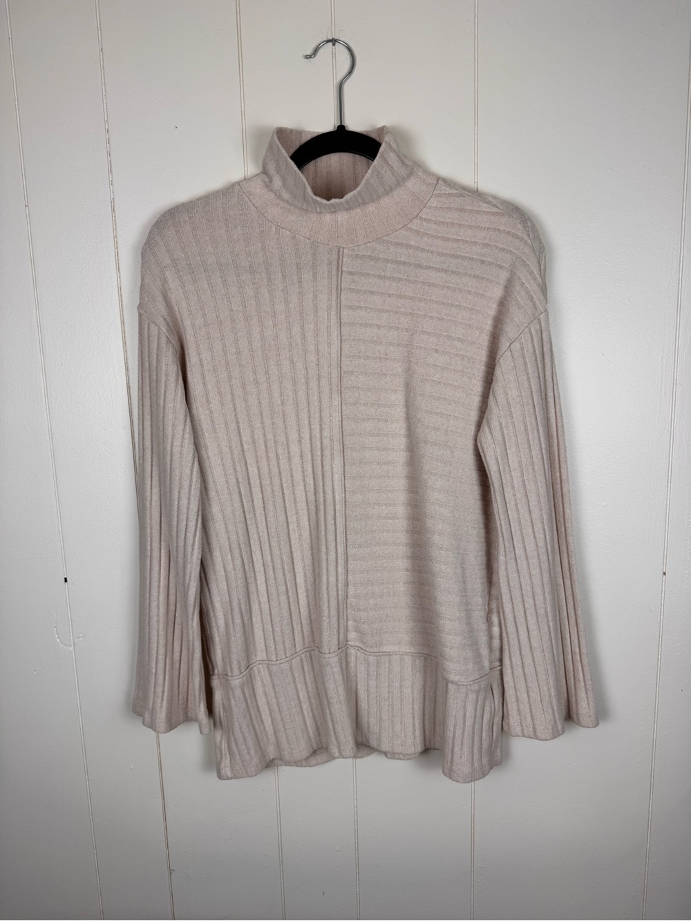 Saturday Sunday Anthropologie Small Oatmeal Ribbed Mock Neck Bell Sleeve Top